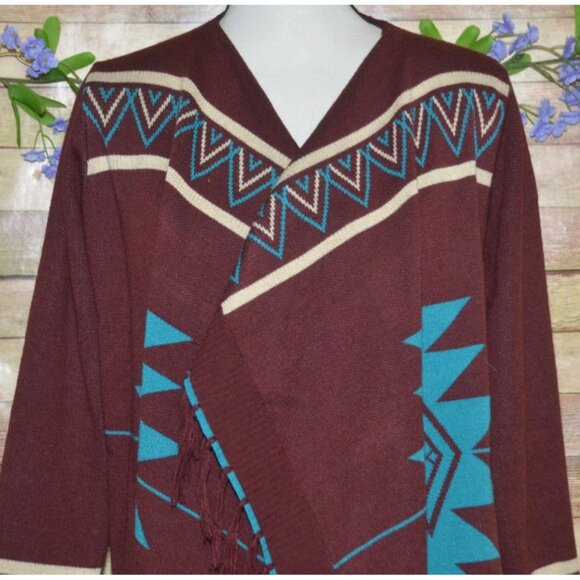 Giddy Up Glamour Cardigan Womens S Aztec Southwestern Open Front Fringe Fall - Picture 5 of 13